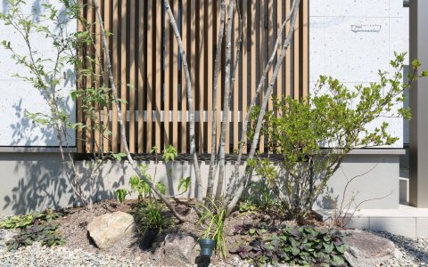 倉敷市｜縦格子と植栽が彩る和モダン外構